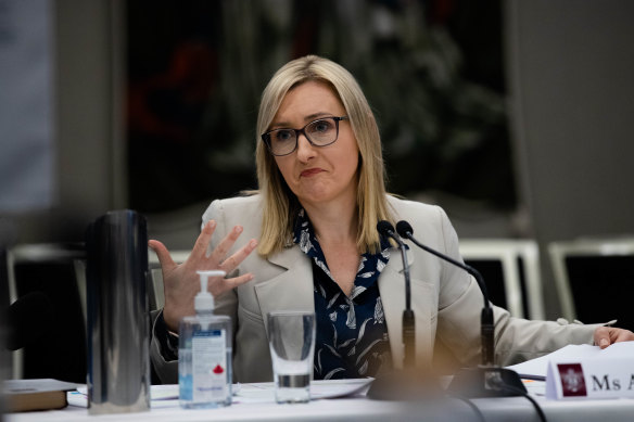Amy Brown gives evidence at the parliamentary inquiry into the Barilaro appointment.

