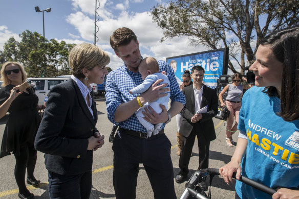 Andrew Hastie in September 2015 with new son Jonathon, wife Ruth and the then deputy prime minister, Julie Bishop, on the day of the byelection for Canning, which became his West Australian seat.