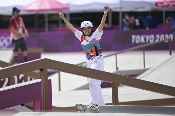 Momiji Nishiya of Japan celebrates after the Tokyo 2020 women’s street final. 