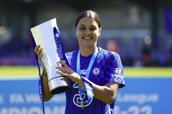 Chelsea’s Sam Kerr with the Women’s Super League trophy after defeating Manchester United at Kingsmeadow Stadium in London in May.