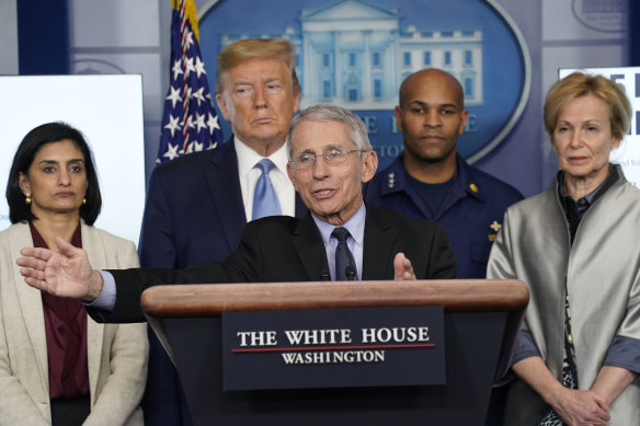 Coronavirus taskforce: Dr Anthony Fauci speaks while Seema Verma, administrator of the Centres for Medicare and Medicaid Services, President Donald Trump, Surgeon-General Jerome Adams and Dr Deborah Birx, White House coronavirus response coordinator, listen, in March.