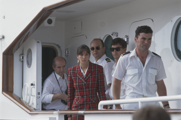Ghislaine Maxwell and crew on her father's yacht, the Lady Ghislaine, in Tenerife. Ghislaine's father, Robert Maxwell, disappeared from the yacht and his body was later found in the sea. His death was ruled an accident.