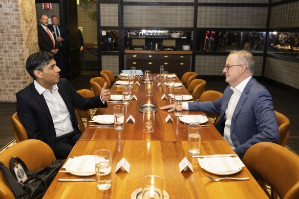 British Prime Minister Rishi Sunak and Prime Minister Anthony Albanese at the start of a bilateral meeting and supper in San Diego.