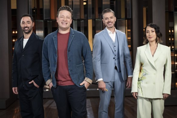 MasterChef Australia: Secrets and Surprises features the return of Jamie Oliver (second from left), alongside regular judges Andy Allen (left), Jock Zonfrillo and Melissa Leong.