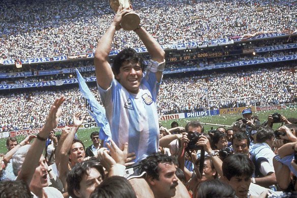 Diego Maradona celebrates winning the 1986 World Cup.