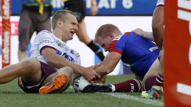 Test to come: Slade Griffin scores against Manly. The Knights are now primed for a tough batch of away games.
