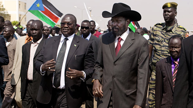 South Sudanese President Salva Kiir, right, with his rival and then vice-president Riek Machar in 2015.