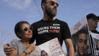 Rachel Goldberg, left, and Jon Polin centre, parents of Israeli-American hostage Hersh Goldberg-Polin, along with other relatives of hostages take part in a protest calling for their release in the Kibbutz Nirim, southern Israel.