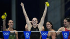 Cate Campbell, of Australia, and teammates celebrate after winning the gold medal in the women’s 4x100-meter medley relay final at Tokyo last weekend.