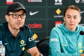 Tony Gustavsson with Matildas star Caitlin Foord at Thursday’s press conference.
