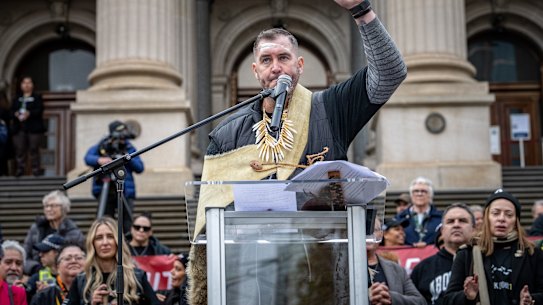 Yoorrook commissioner Travis Lovett at the end of the Walk for Truth to the steps of parliament on June 16.