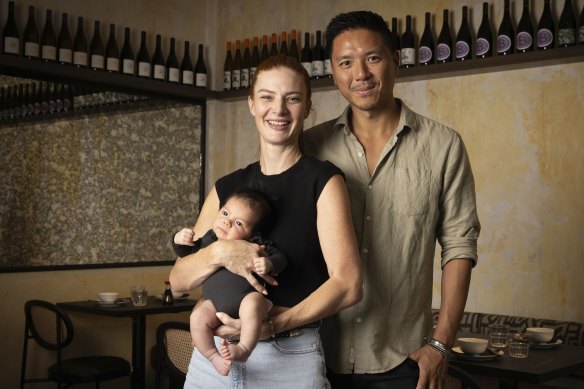 Owners Nicole Galloway and Peter Lew with their newborn baby Louie.