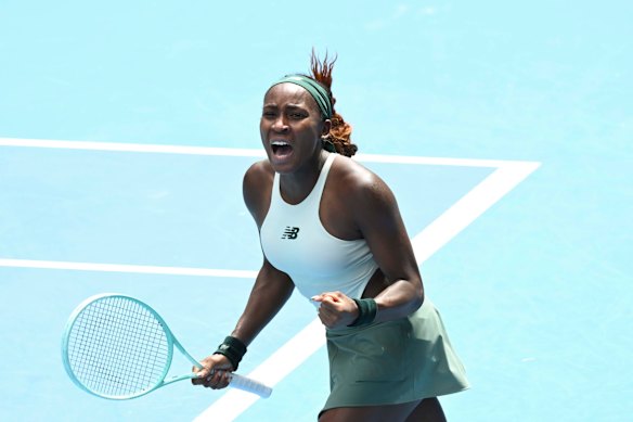 Coco Gauff celebrates her win.