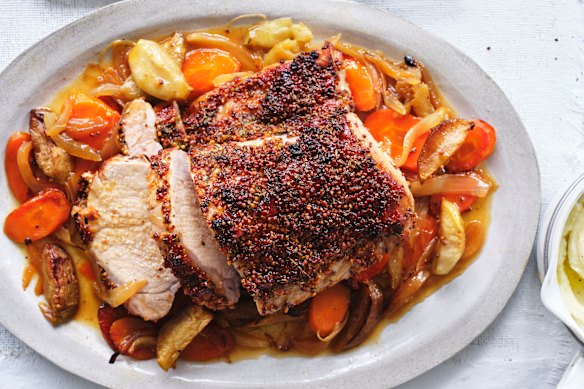 Danielle Alvarez’s mustard-glazed pork pot roast with apples and carrots.
