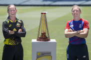 Meg Lanning (left) and Heather Knights (right) with the Women’s Ashes trophy in Adelaide on Wednesday. 