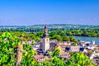 Rudesheim am Rhein with clock tower spire of St Jakobus church.