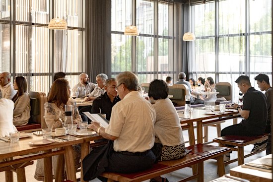 Inside the light and bright restaurant.