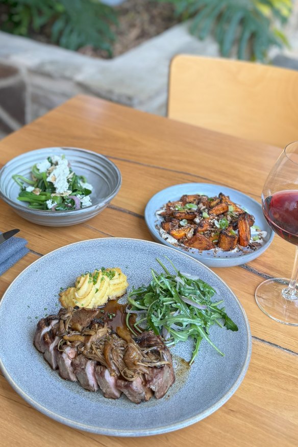 Steak with miso mushrooms and duchess potatoes.