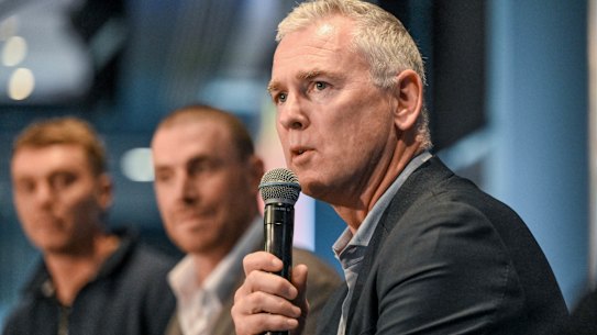 Adam Simpson (right), the 2018 West Coast premiership coach, is a part-time consultant at Carlton. He spoke last year at an AFL club leaders luncheon alongside Blues skipper Patrick Cripps (left) and Simon Goodwin.