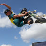 Keegan Palmer launches himself in the men’s park skateboarding competition.