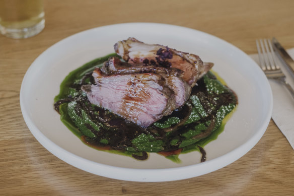 Roast lamb rump with a sauce of blitzed spinach and fermented onion.