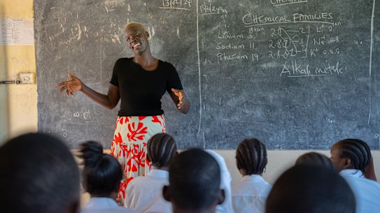Nydadol Nyuon addressing students at  Kakuma Secondary School in Kenya.