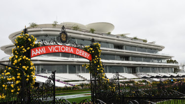 Grey skies over an empty Flemington racecourse.
