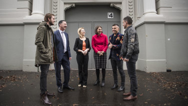 Boy and Bear band member Killian Gavin, Playbill Group managing director Michael Nebenzahl, Local Government Minister Gabrielle Upton, Premier Gladys Berejiklian, musician Anthony Callea and Boy and Bear Band member Dave Symes at the Hordern Pavilion on Friday.