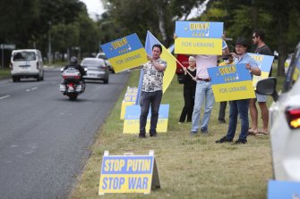 Ukraine supporters protest outside the Russian embassy in Canberra last month.