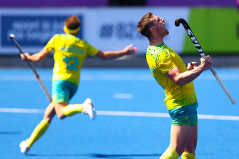 Tom Wickham celebrates after scoring Australia’s fourth goal. 