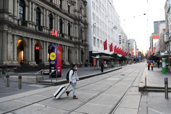 Melbourneâ€™s Bourke Street Mall almost empty during lockdown. 