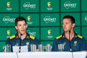 Tim Paine and Josh Hazlewood front the media on the day the Cricket Australia culture review was released, October 2018.
