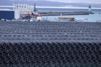 Pipes for the construction of the Nord Stream 2 natural gas pipeline from Russia to Germany in Sassnitz, Germany. Russia’s natural gas pipeline to Europe is built and ready to flow.