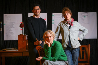 From left, Shiv Palekar, Sarah Goodes and Catherine McClements contemplate the life of the mind in The Sound Inside.