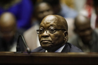 Former South African president Jacob Zuma appears in the High Court in Pietermaritzburg, South Africa, in 2019.