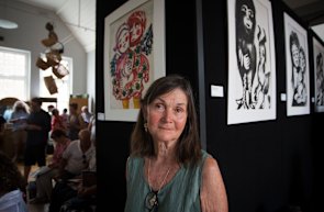 Kaye Duffy bought the painting Winged Lovers, left, by Mirka Mora and John Perceval. 