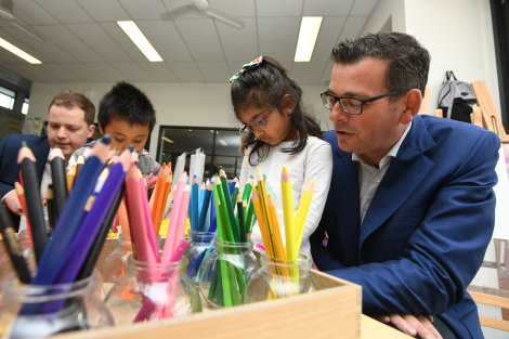 Daniel Andrews with students at the Bridgewater Intergrated Child and Family Centre on November 7.