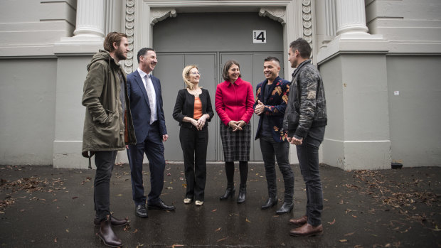 Boy and Bear band member Killian Gavin, Playbill Group managing director Michael Nebenzahl, Local Government Minister Gabrielle Upton, Premier Gladys Berejiklian, musician Anthony Callea and Boy and Bear Band member Dave Symes at the Hordern Pavilion on Friday.
