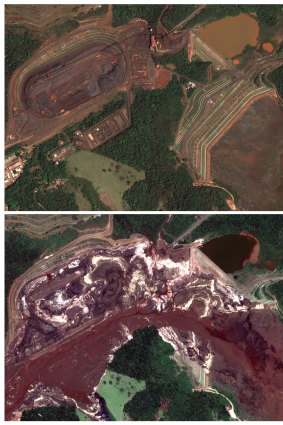 Satellite images show the Brumadinho dams before and after the collapse of the largest one.