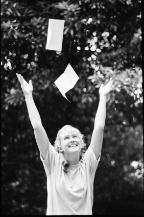 Susan Watkins celebrates after the mail arrives and she finds out that she passed her HSC exams in 1986. 