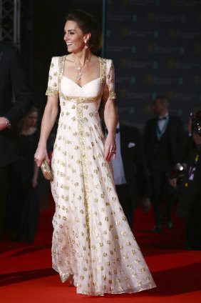 Catherine, Duchess of Cambridge, in her Alexander McQueen dress at the BAFTAs.