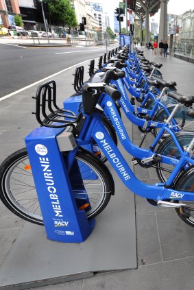 The bikes lined up outside Southern Cross station when they were rolled out in 2010. 