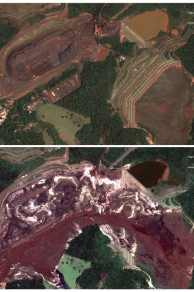 Satellite images show the area of Brumadinho, Brazil, before and after the dam collapse. 