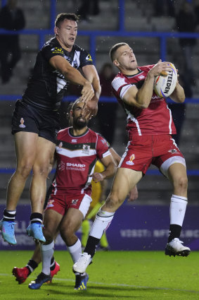 Adam Doueihi catches the ball during Lebanon’s Rugby League World Cup against New Zealand.