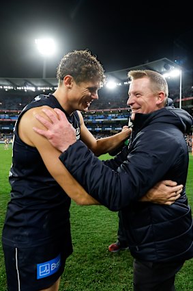 Carlton coach Michael Voss and key forward Charlie Curnow when the Blues knocked off the Swans in the 2023 finals.
