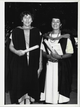 Brenda Duchen with Lois McDonald after receiving their diplomas at the University of NSW in 1984. 