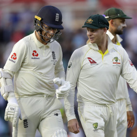 Steve Smith (right) speaks with England's Jack Leach (left) during day one of the fifth Ashes Test. 