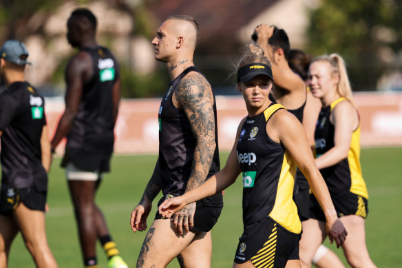 Dustin Martin was part of a combined Richmond Tigers AFL and AFLW training session in December. 