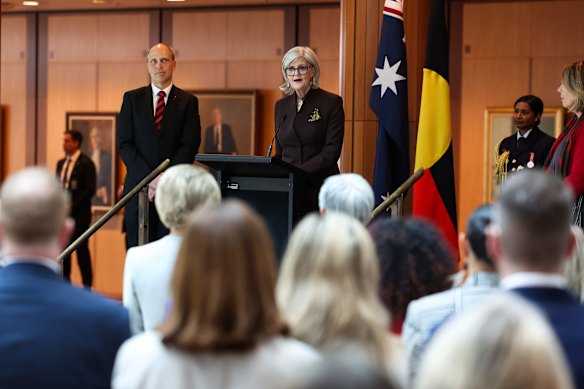 Governor-General Samantha Mostyn speaks to senators earlier today. 