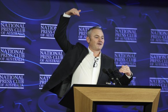 Climate 200 founder Simon Holmes à  Court at the National Press Club earlier this month.